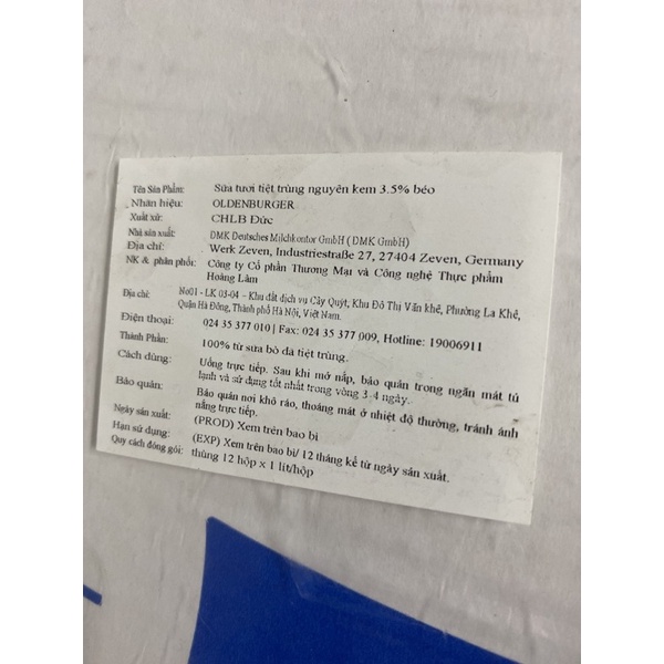 Thùng 12h sữa tươi nguyên kem Đức odenberger 1lít date 5/2024