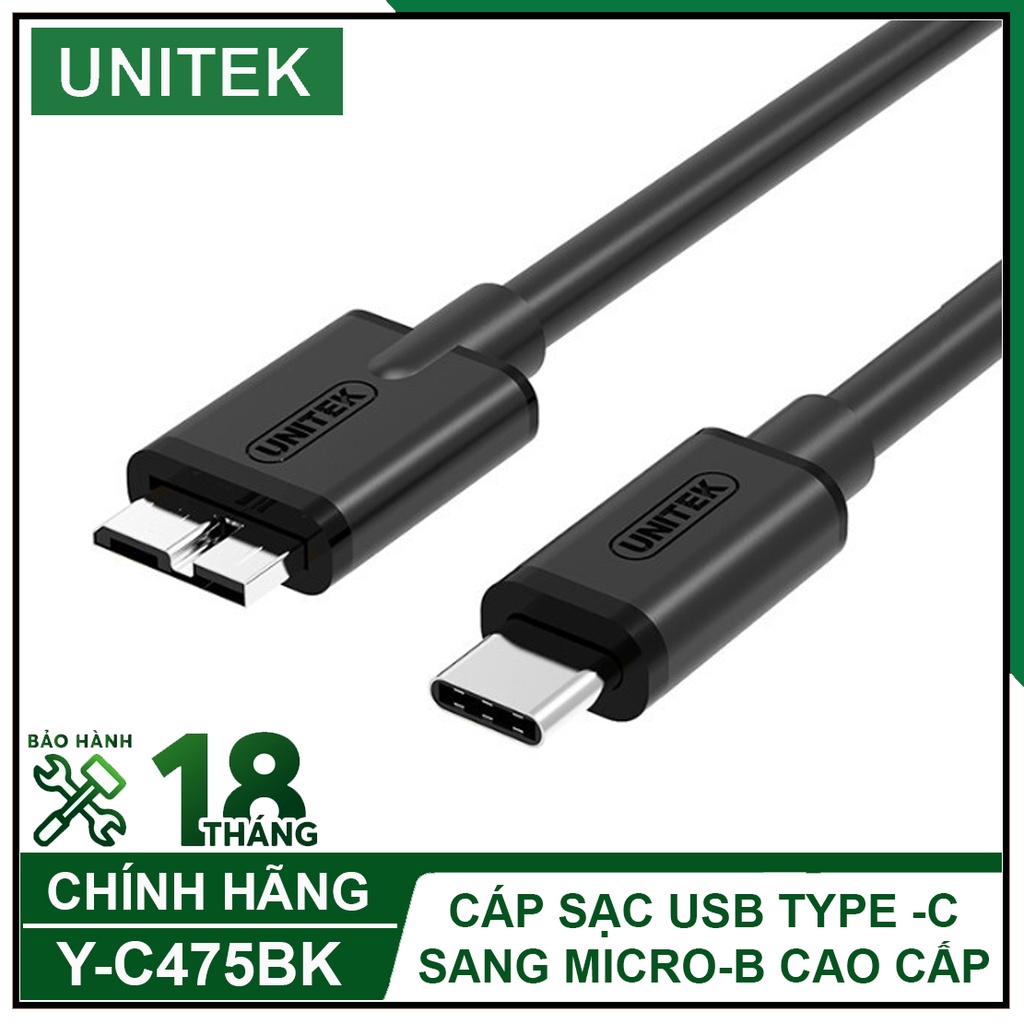 Cáp Sạc USB Type-C Sang Micro-B Cao Cấp, UNITEK Y-C475BK Chính Hãng