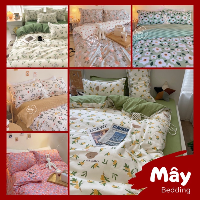 Bộ chăn ga gối Cotton Poly hoạ tiết hoa nhí nền màu xanh xám trắng hồng MÂY BEDDING đủ kích thước nệm