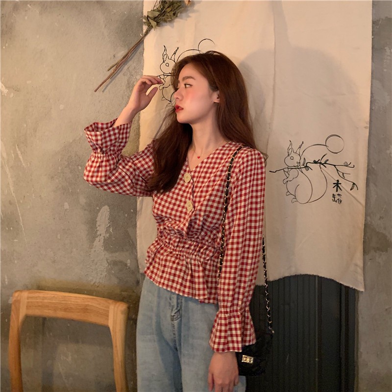 SM12_Áo sơ mi sọc caro bo eo ulzzang nữ tính