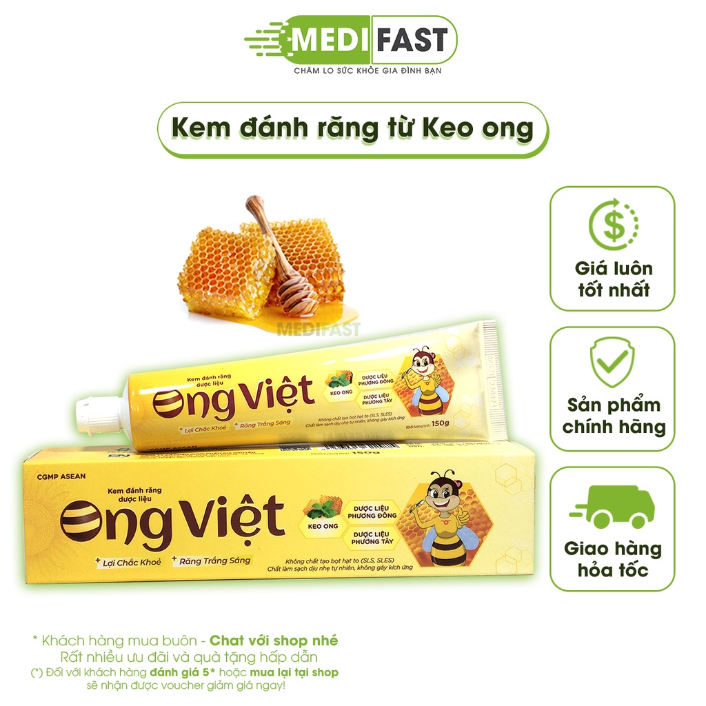 Kem đánh răng Ong Việt - Tuýp 150g -  từ keo ong cho trẻ từ 6 tuổi và người lớn, bảo vệ lợi chắc khỏe, hơi thở thơm mát