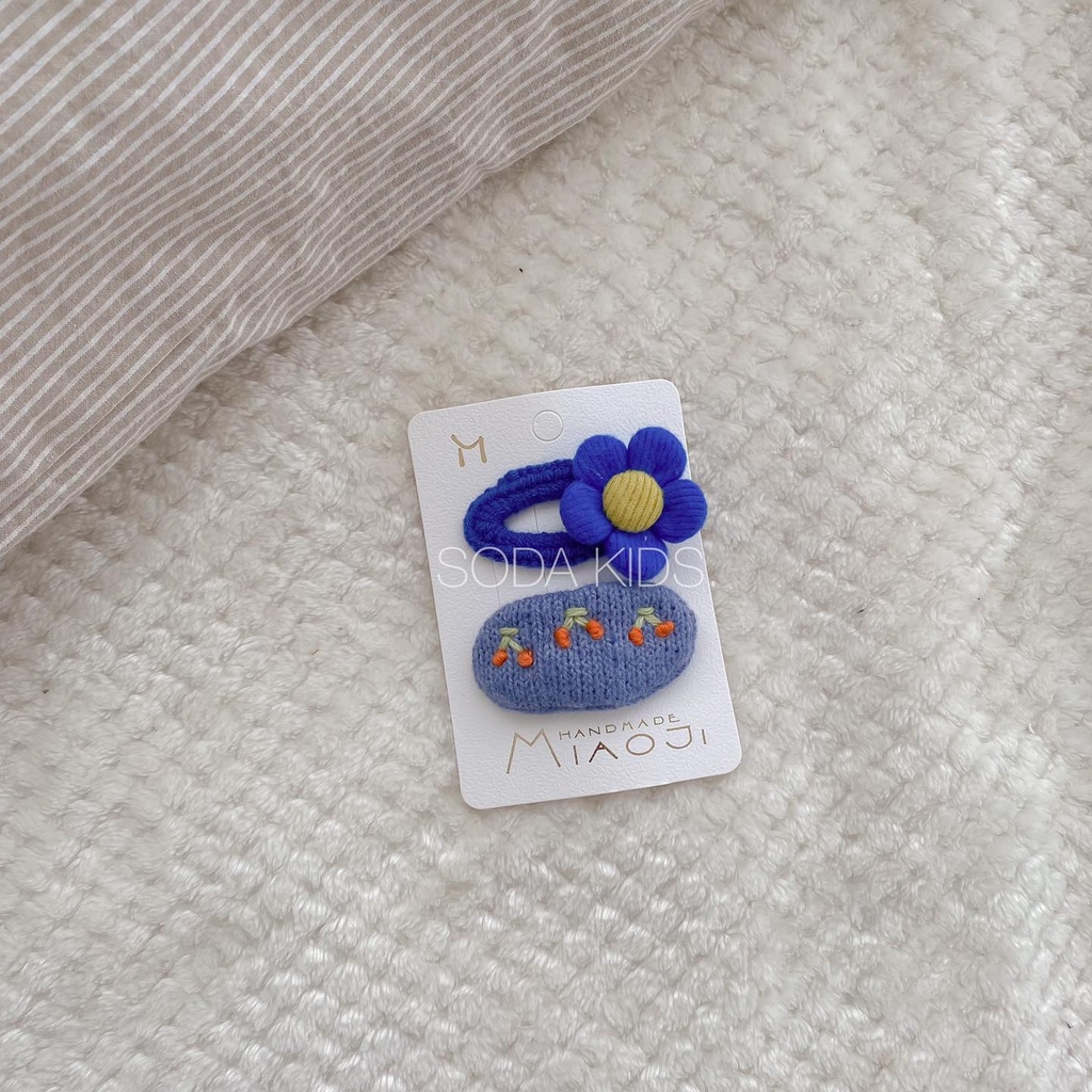 Bộ kẹp tóc len thêu hoa 2 chiếc cho bé gái (Ảnh thật)