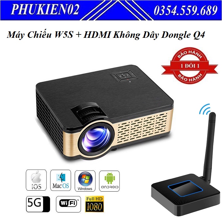 [ Chính hãng ] Combo Máy Chiếu W5S Mini chạy Hệ Điều Hành Android + HDMI Không Dây Kết Nối Điện Thoại Với TV Dongle Q4