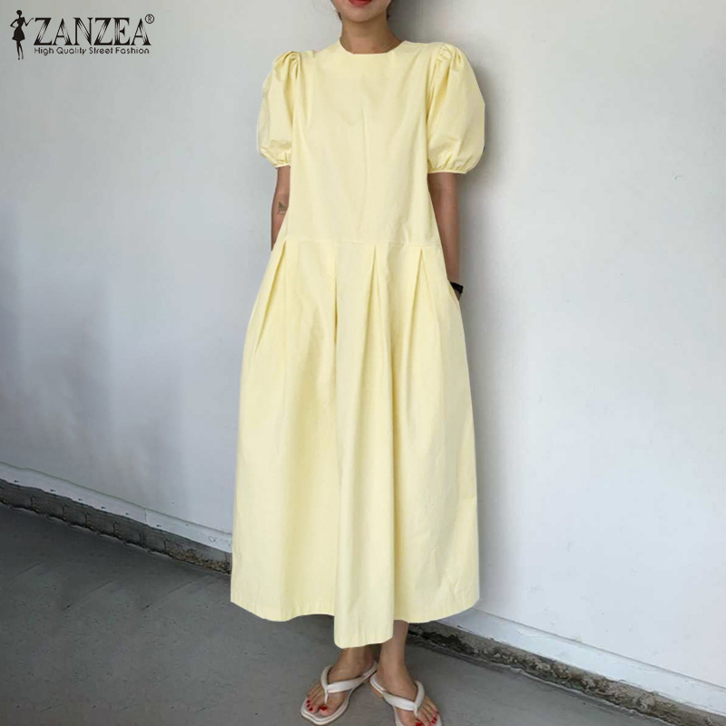 ZANZEA Women Puff Sleeve Side Zipper Pleated Loose Casual Long Dress | BigBuy360 - bigbuy360.vn