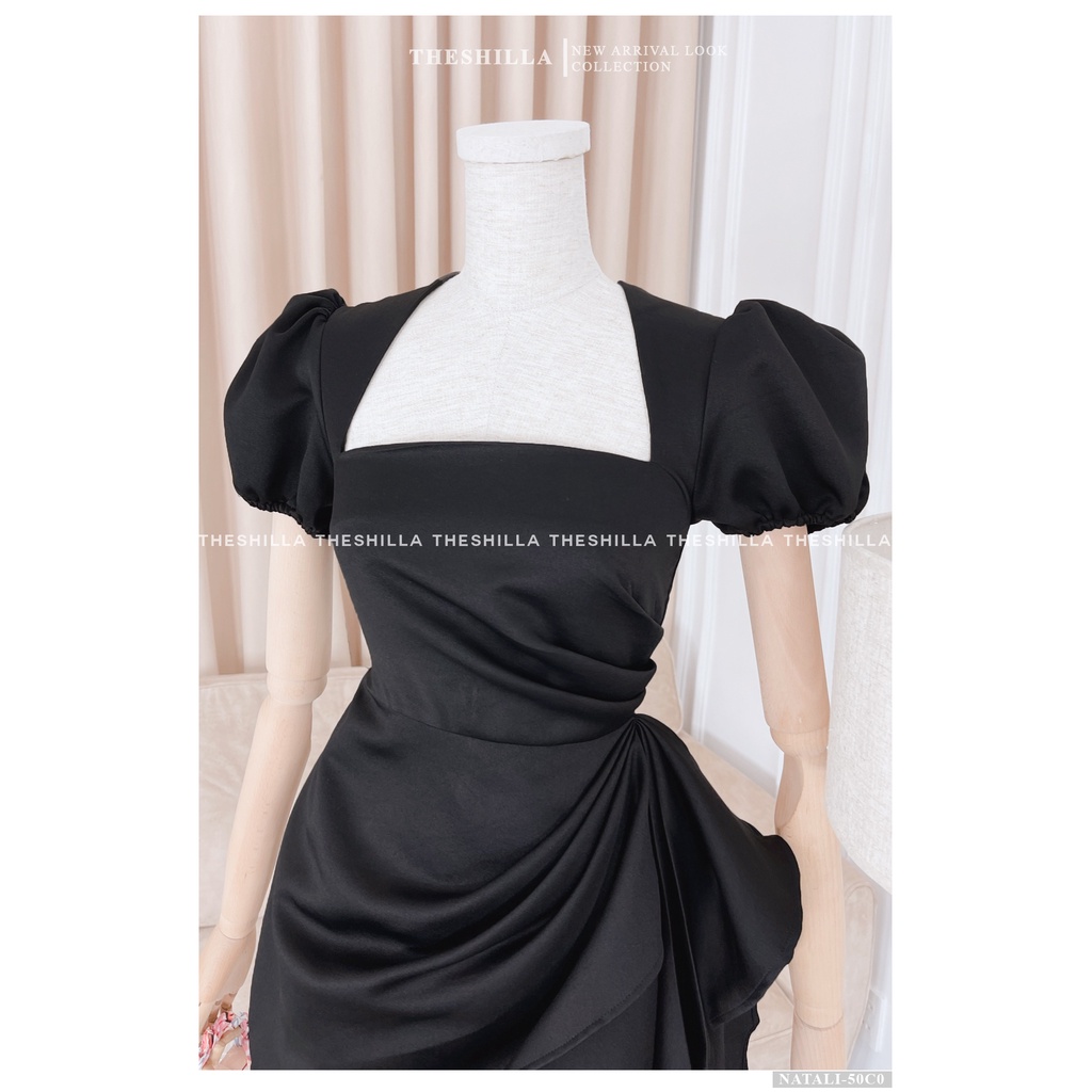 Váy thiết kế cao cấp màu đen tay phồng eo nhún bèo cổ vuông [ Có video + Ảnh thật ] The Shilla - Natali-50C0