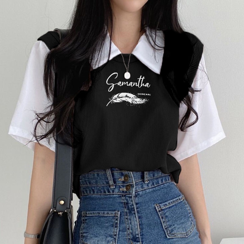 Áo polo Giả Hai Lớp Tay Ngắn Dáng Rộng Màu Sắc Tương Phản Thời Trang Dành Cho Nữ