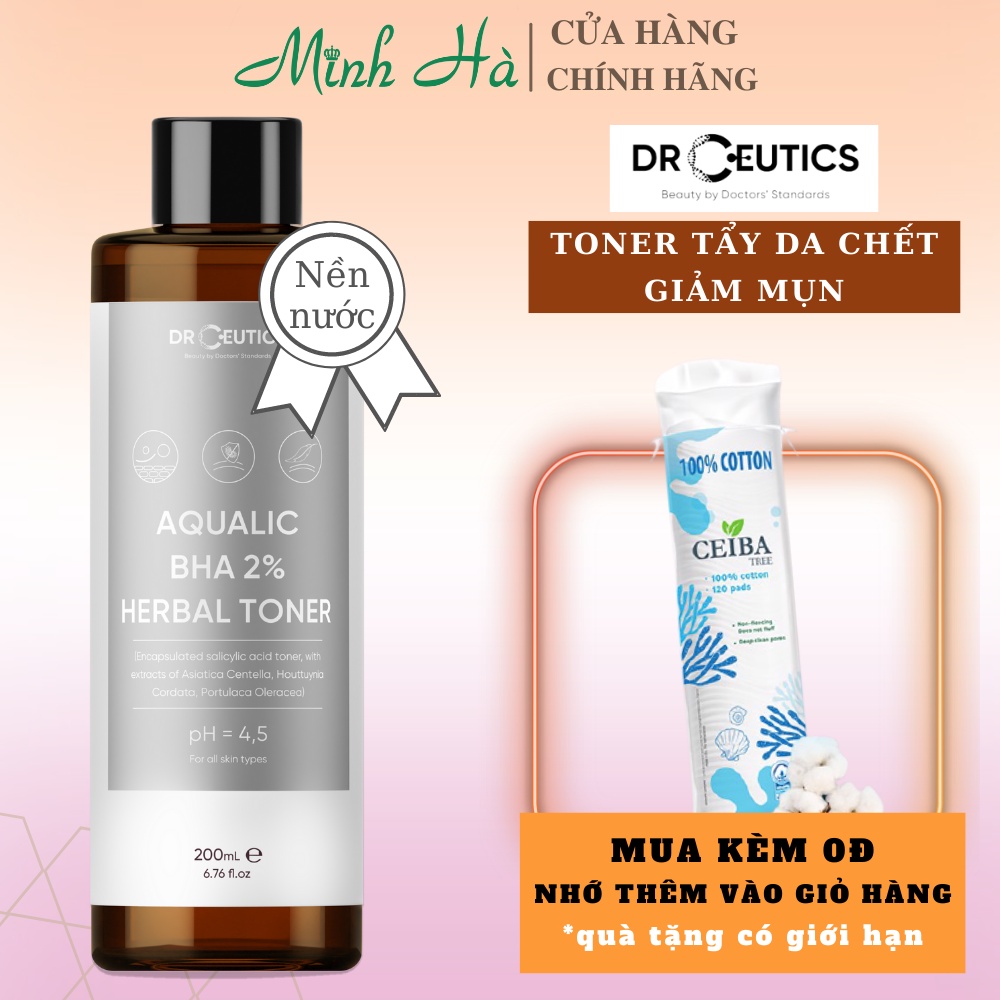 Toner DrCeutics Aqualic BHA 2% Herbal 200ml (nền nước) giúp làm sạch và cân bằng pH của da