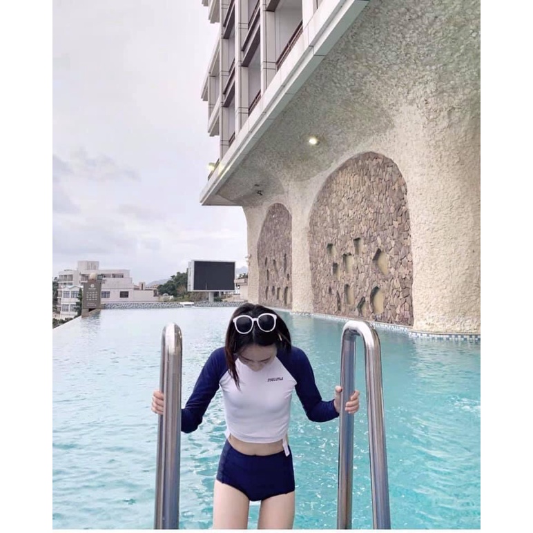 Bikini, Bộ Đồ bơi nữ áo tắm hai mảnh dài tay đi biển chất thun lạnh hàn quốc kín đáo che bụng quảng châu