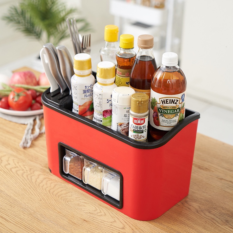 Kệ gia vị 2 tầng tích hợp nhiều tính năng có khe cắm dao nhựa Việt Nhật tặng kèm 3 hộp đựng gia vị có nắp (MS:5758)