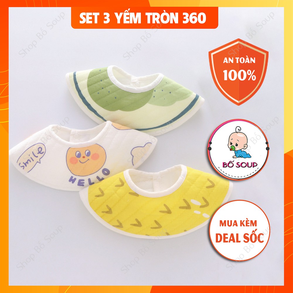 Set 3 yếm tròn xoay 360 độ Heepte dày dặn thấm hút tốt, họa tiết hình ngộ nghĩnh