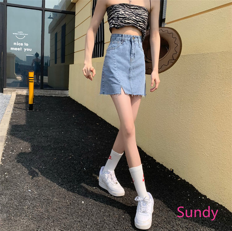 Chân váy jeans chữ A eo cao phối xẻ tà thời trang Hàn Quốc sành điệu trẻ trung