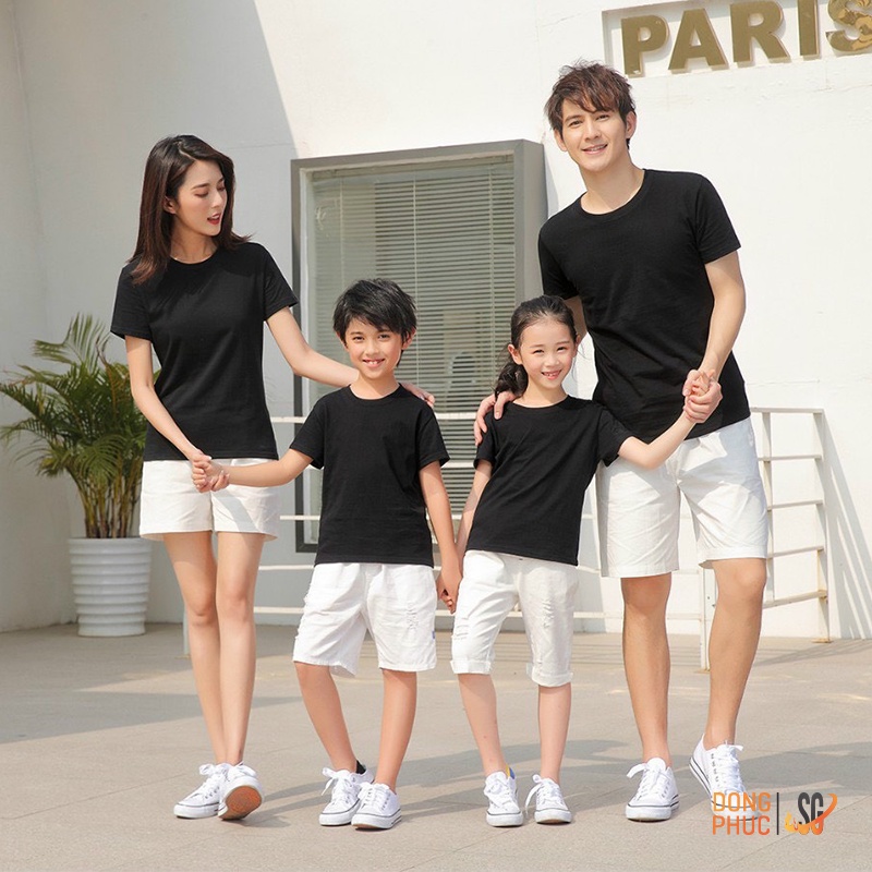 Áo thun trơn nam nữ gia đình trẻ em thun mềm mịn màu đen cá tính áo cổ tròn basic unisex DONGPHUCSG