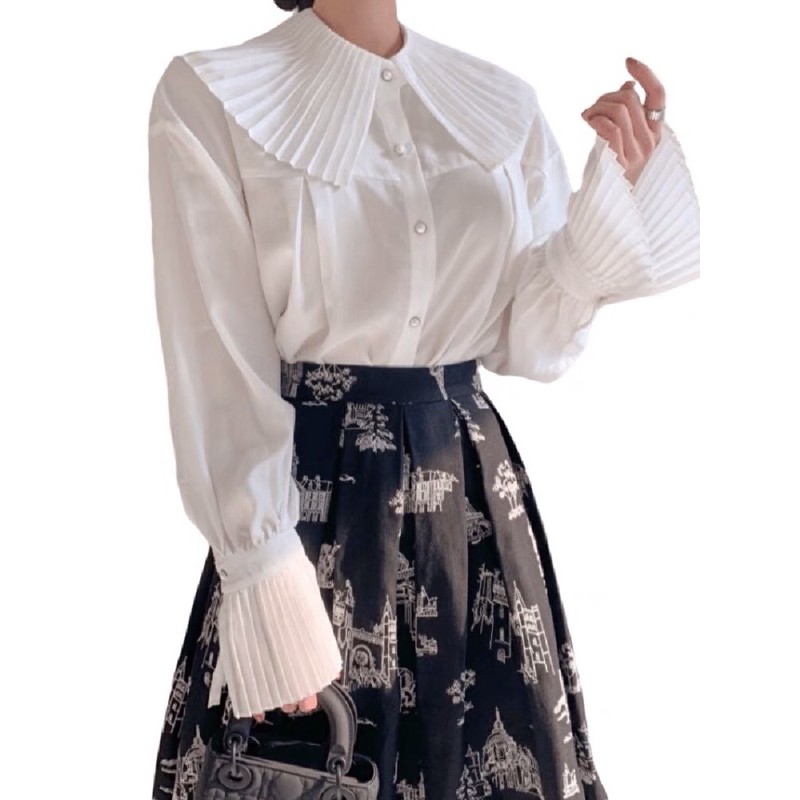Áo sơ mi loại 1 order Quảng Châu chuẩn shop Chic cổ xếp ly siêu sang chảnh