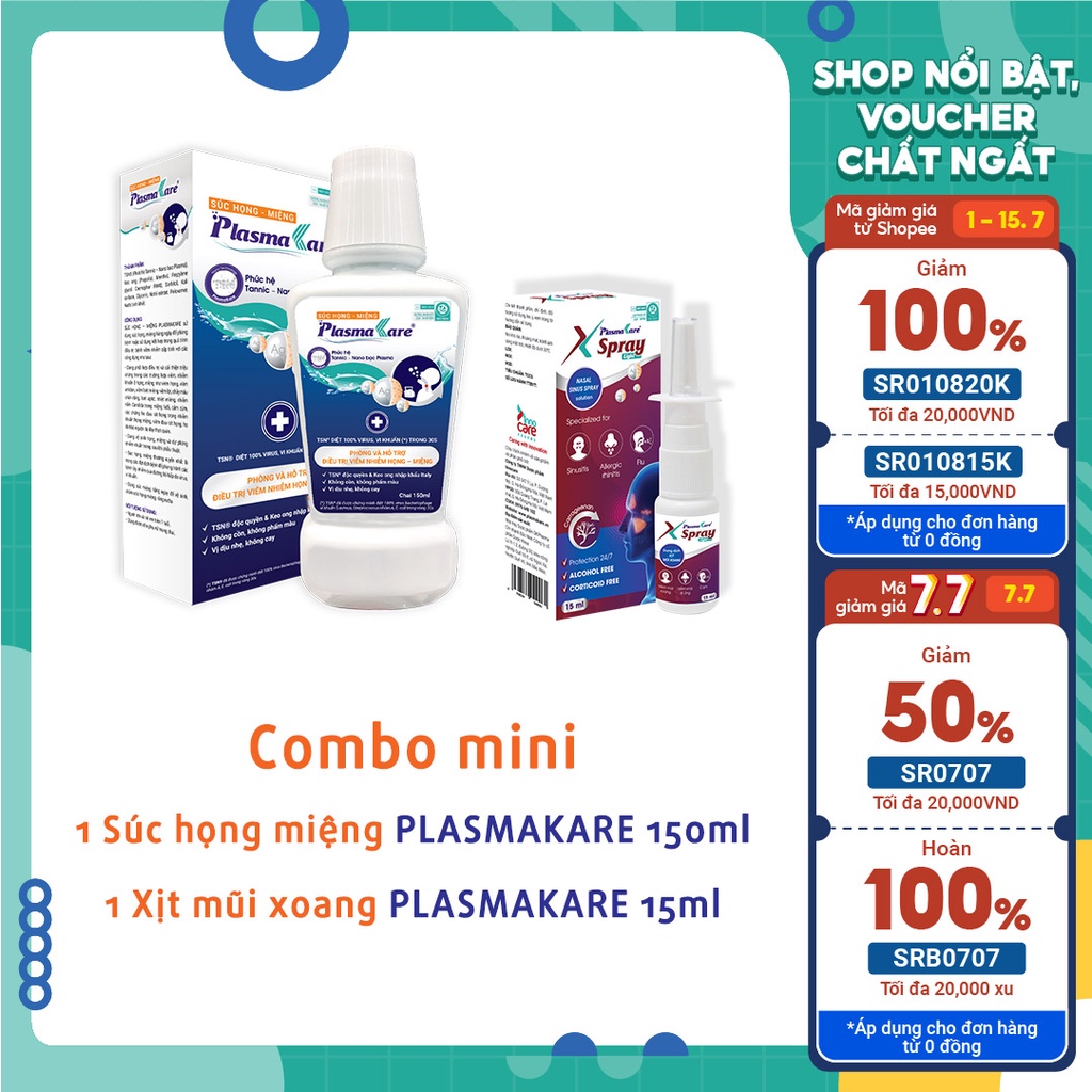 Combo mini 1 Súc họng miệng PlasmaKare 150ml, 1 Xịt mũi xoang PlasmaKare X-Spray 15ml