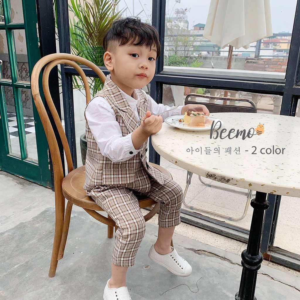 Bộ set quần áo gile Beemo cho bé trai cổ vest kẻ caro phong cách Hàn Quốc bảnh bao - 20B114