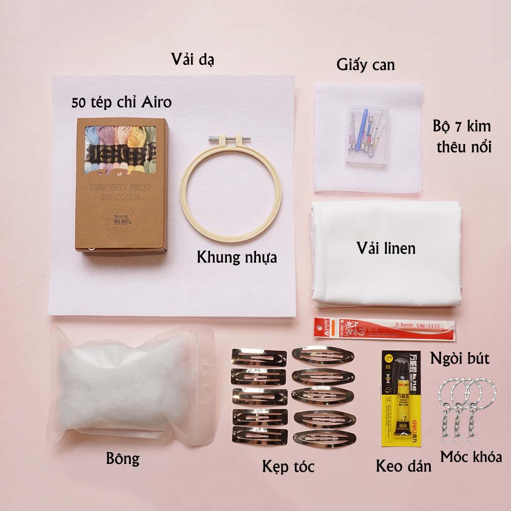 Set thêu CHỈ nổi (kèm phụ kiện làm kẹp tóc, thú nhồi bông) Punch Needle