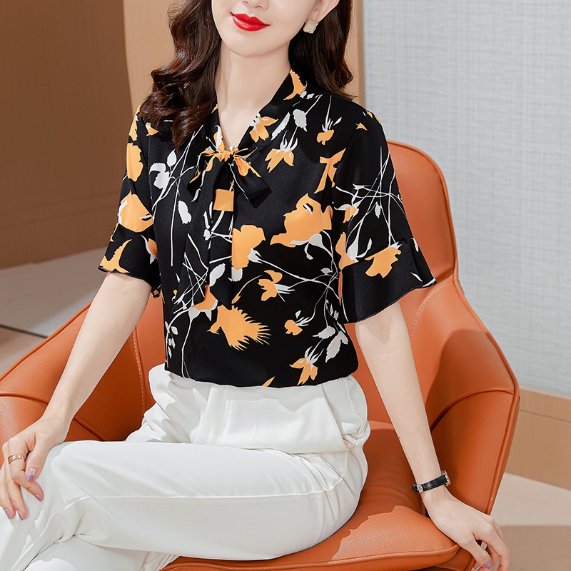 Áo Sơ Mi Chiffon Tay Ngắn Thắt Nơ In Họa Tiết Thời Trang Hàn Quốc Cho Nữ Size L-5XL