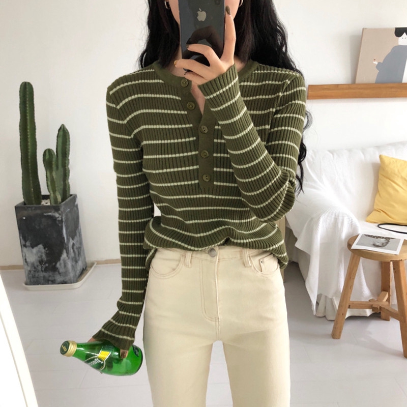 Áo Sweater Cổ Tròn Dáng Ôm Kẻ Sọc Kiểu Hàn Quốc Thời Trang Cho Nữ | WebRaoVat - webraovat.net.vn