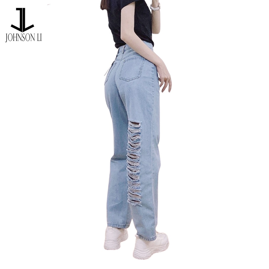 Quần baggy jean nữ cao cấp, lưng cao,màu xanh jean bạc cắt rách nhiều, quần jean nữ  LB202 JL JohnsonLi