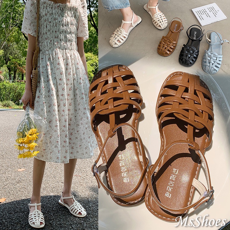In stock large size women's shoes Baotou sandals flat sandals retro woven sandals Roman shoes plus size sandals sandals women hollow sandals straw sandals fairy style 35-44