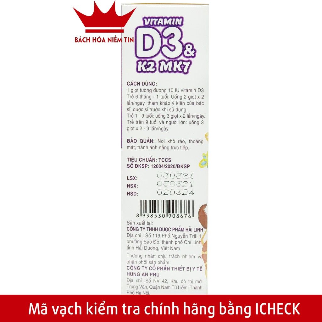 Vitamin D3 K2 Mk7 dạng nhỏ giọt tiện dụng giúp bé hấp thụ canxi tăng trưởng chiều cao, nhanh mọc răng- Lọ 10ml | Thế Giới Skin Care