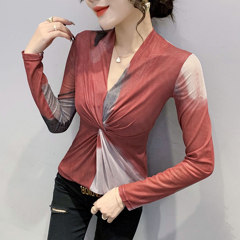 Áo Thun Tay Dài Cổ Chữ V Phối Lưới Nhuộm Màu Phong Cách Phương Tây Thời Trang Mùa Xuân Cho Nữ s 2022