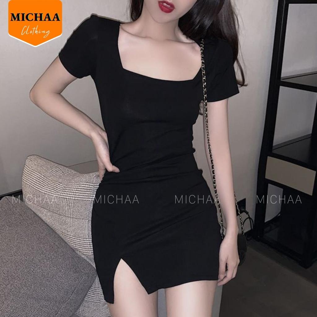 Đầm Váy Body CỔ VUÔNG XẺ ĐÙI Trước Tay Ngắn Thun Borip Kiểu Ôm Sexy Gợi Cảm - MICHAA