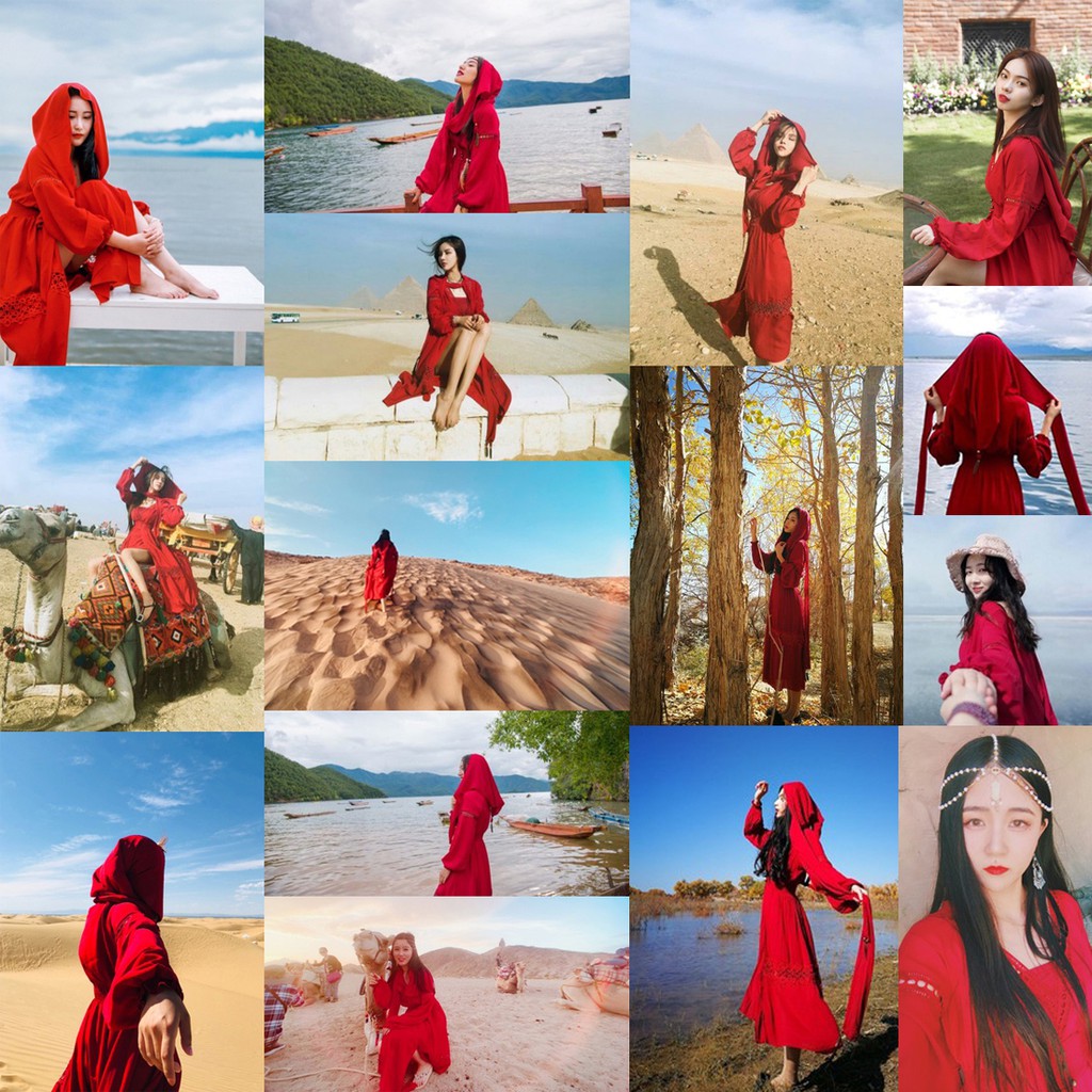 Váy maxi màu đỏ dáng dài xẻ tà đùi có mũ - MS105