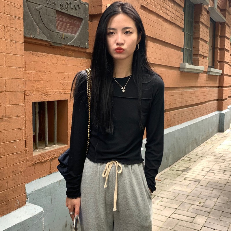 Áo thun Lửng kiểu nữ Áo Phông nữ Kiểu Croptop Dài tay Màu trơn Cổ trong Ulzzang Hàn Quốc Áo Phông thun Cộc nữ