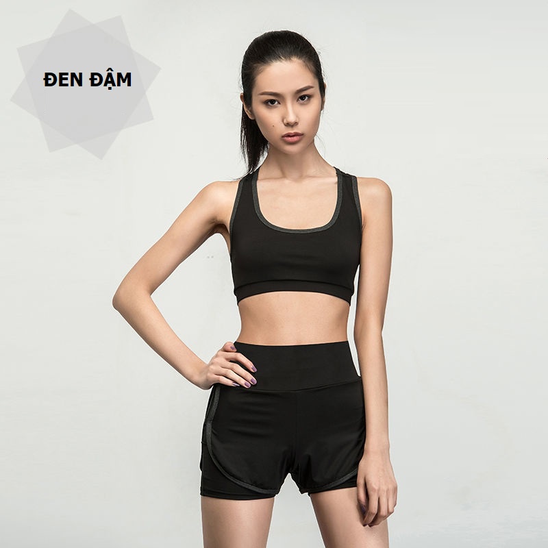 Bộ đồ thể thao 3 món tập Gym nữ, set đồ tập Yoga nữ 3 món áo thun quần đùi 2 lớp và áo bra có đệm mút GYM FASHION