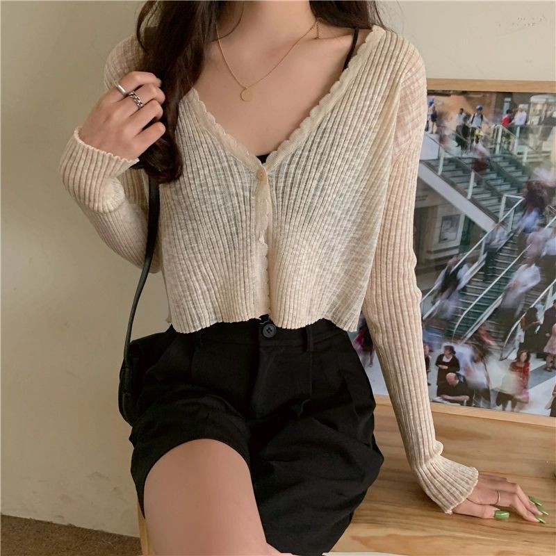 Áo khoác Cardigan len dệt kim mỏng dáng croptop cổ chữ V siêu xinh cho nàng