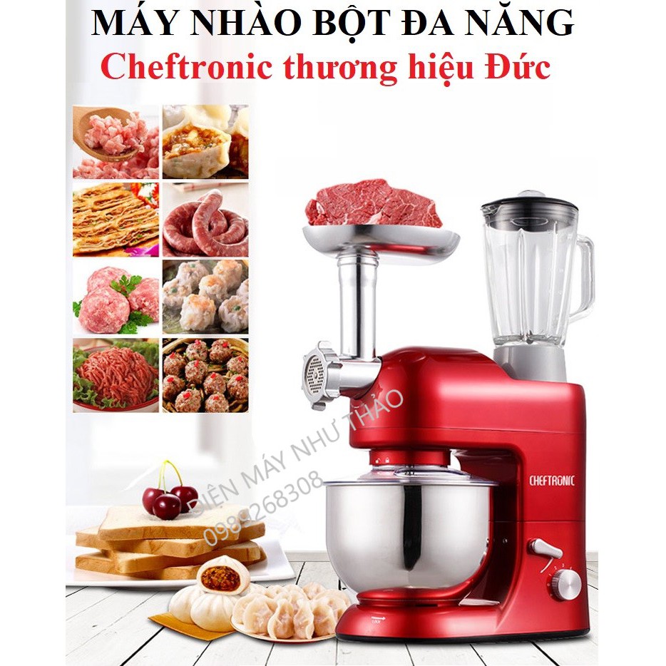 (Xuất Mỹ) Máy nhào bột Cheftronic SM-1086 cao cấp 5L công suất lớn 1300W- Bộ đầy đủ nhào bột,cán mỳ, đùn thịt như ảnh