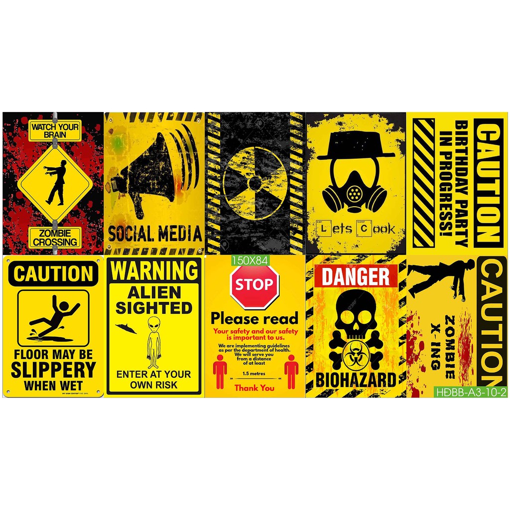 Combo Set 10 tờ Decal biển báo,biển cấm,biển chỉ dẫn dán tường trang trí khổ A3,A4,A5