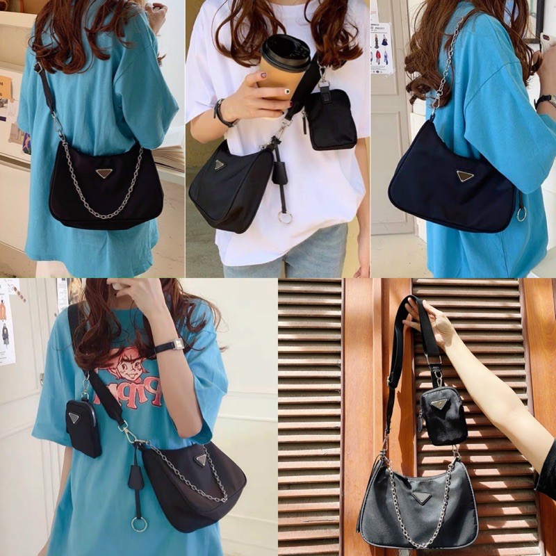 Túi Đeo Chéo 3in1 BLACK BAG chất vải dù đen trơn basic có thể đeo được nhiều kiểu set gồm 1 túi to và túi nhỏ