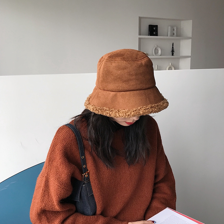 Nón Bucket Len Lông Cừu Màu Trơn Thời Trang Thu Đông Hàn Quốc Cho Nữ