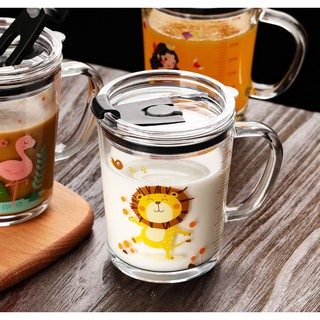 Ly, cốc uống nước, pha sữa thủy tinh chịu nhiệt chia vạch có nắp tránh đổ nước tặng kèm ống hút