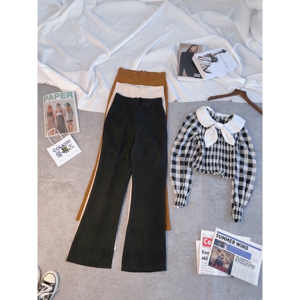 Quần ống loe - quần loe nhung cạp cao chất mềm co giãn-hình thật