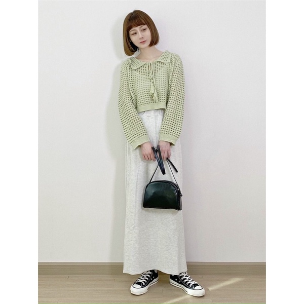 Áo len lưới cổ bẻ vintage dài tay, buộc dây dáng lửng