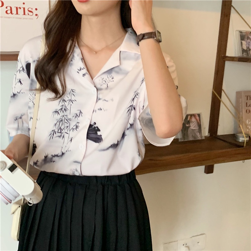 Áo Sơ Mi Tay Ngắn In Họa Tiết retro Thời Trang Cho Nữ