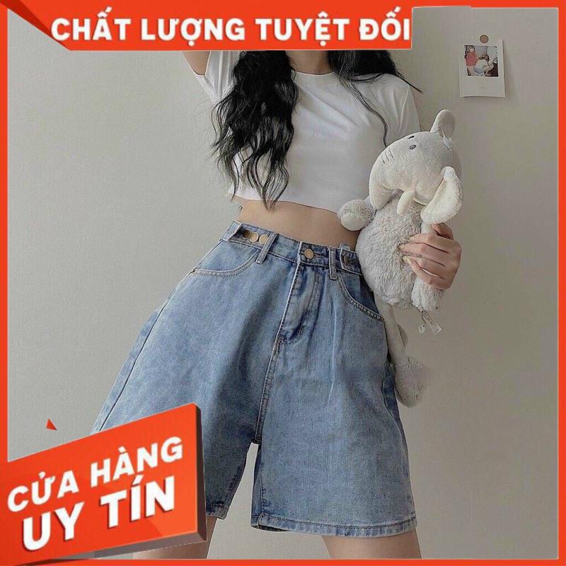 Quần short jean nữ ống rộng có cúc eo, quần sooc đùi chất bò mềm mịn