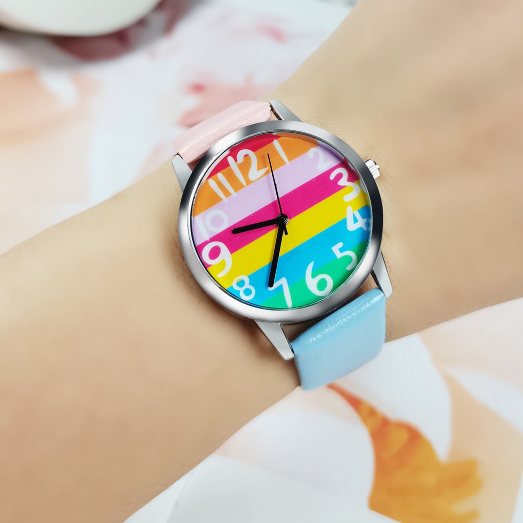 MACmk Women Rainbow Stripe Dial Accurate Quartz Movement Alloy Number Quartz Wristwatch for Office