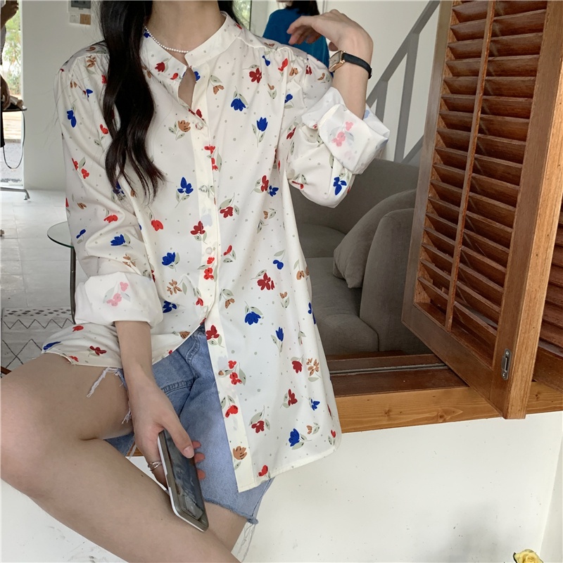 SUXI Áo Kiểu Tay Dài Hoạ Tiết Hoa Phong Cách Hàn Quốc Dành Cho Nữ