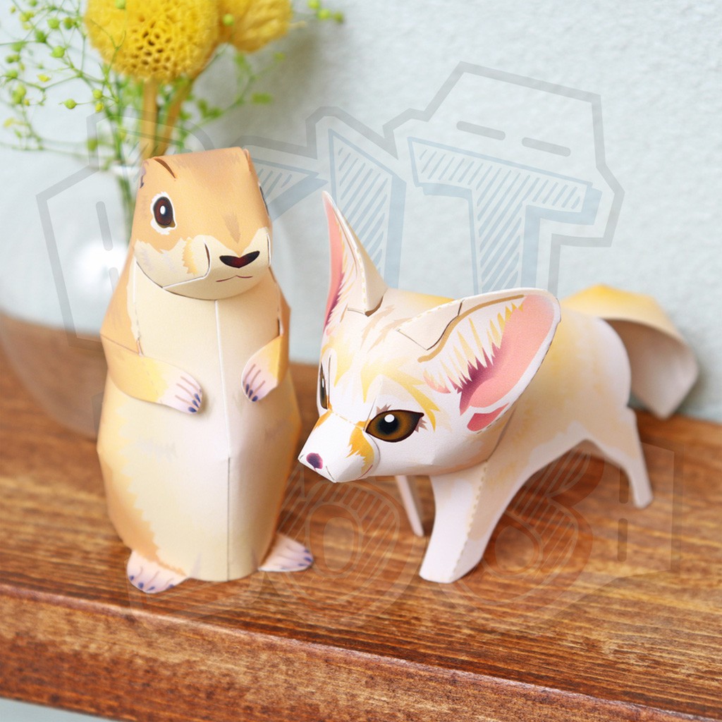 Mô hình giấy động vật Mini Fennec Fox &amp; Prairie Dog