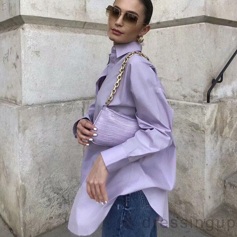 DRE-Women´s Long Sleeve Shirt, Solid Color Turn-Down Collar Button-Down Loose Fit Shirt