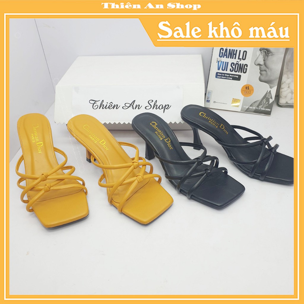 Giày cao gót Thiên An mũi vuông phối dây quai mảnh cao 5cm màu đen và vàng bò