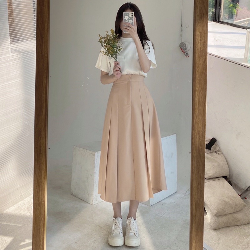 Chân váy dài ulzzang xếp 4 ly dây kéo ở giữa