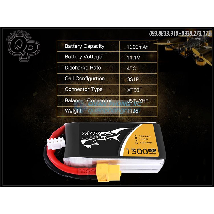 Pin Tattu 11.1V 1300Mah Lipo 45C