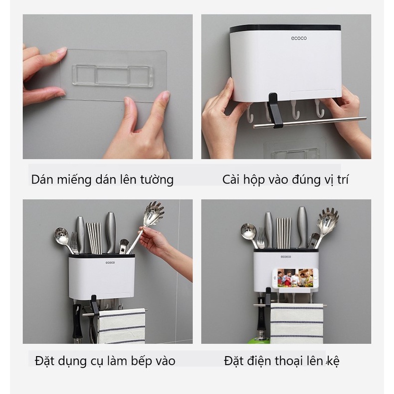 Kệ Đựng Dao Đũa Đồ Dùng Nhà Bếp Đa Năng Ecoco Bền Đẹp, Có Thanh Ngang Treo Khăn, Ngăn Để Điện Thoại - E1801