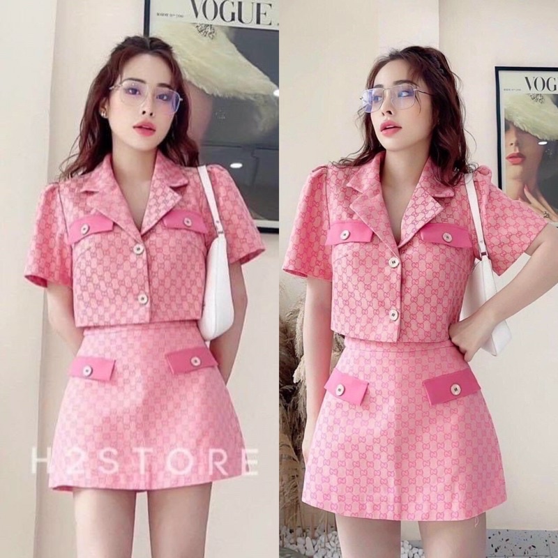Set bộ gucci 2 món áo vest croptop kèm chân váy kaki ngắn xanh dương/lá hồng nâu - thời trang đi chơi dự tiệc sang trọng