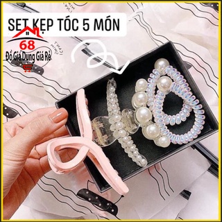 Kẹp tóc ngoạm giả ngọc trai kèm dây buộc sét 5 chi tiết siêu đẹp